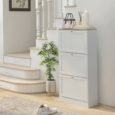 Narrow Shoe Storage Cabinet For Entryway With 3 Flip Drawers And Adjustable Shelves, Shoe Rack Organizer For 18 Pairs Of Shoes