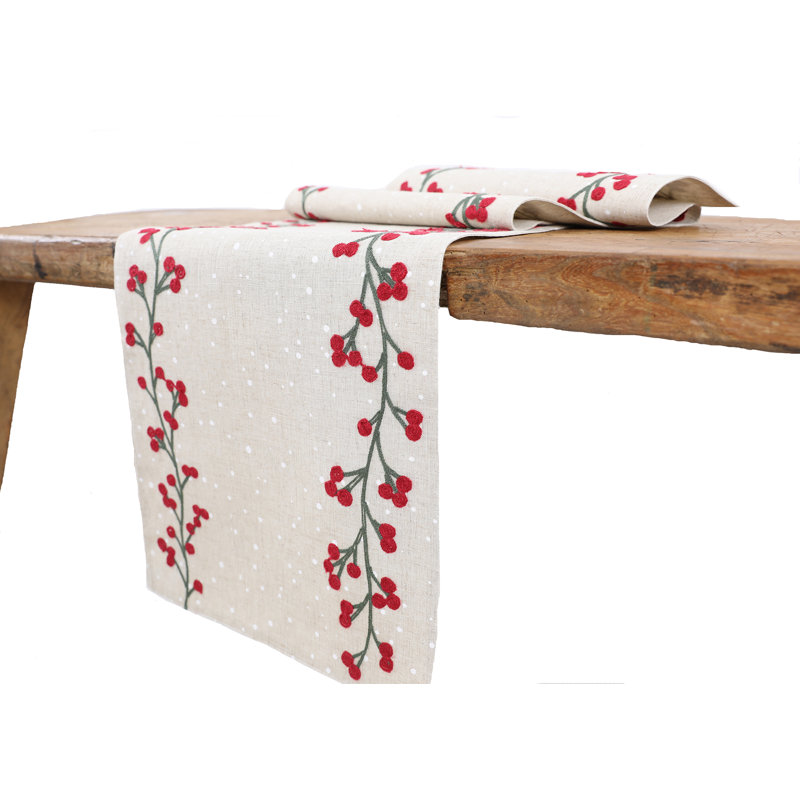 15 in. x 70 in. Winter Pine Cones & Branches Crewel Embroidered Table Runner, Natural 15 in. x 70 in. Winter Pine Cones & Branches Crewel Embroidered Table Runner, Natural