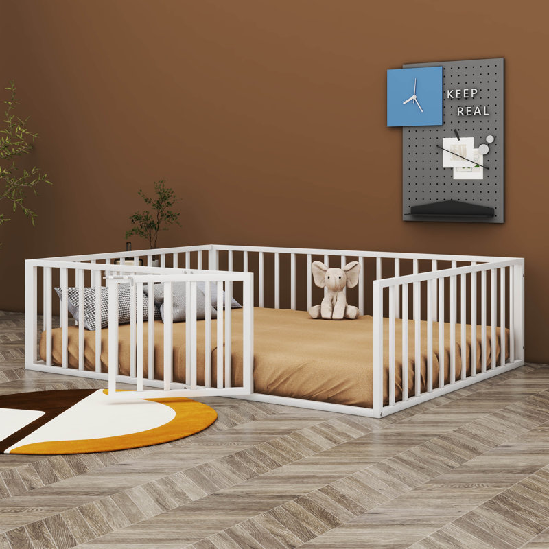 Diocles Metal Floor Bed Frame with Fence & Door, White, Twin