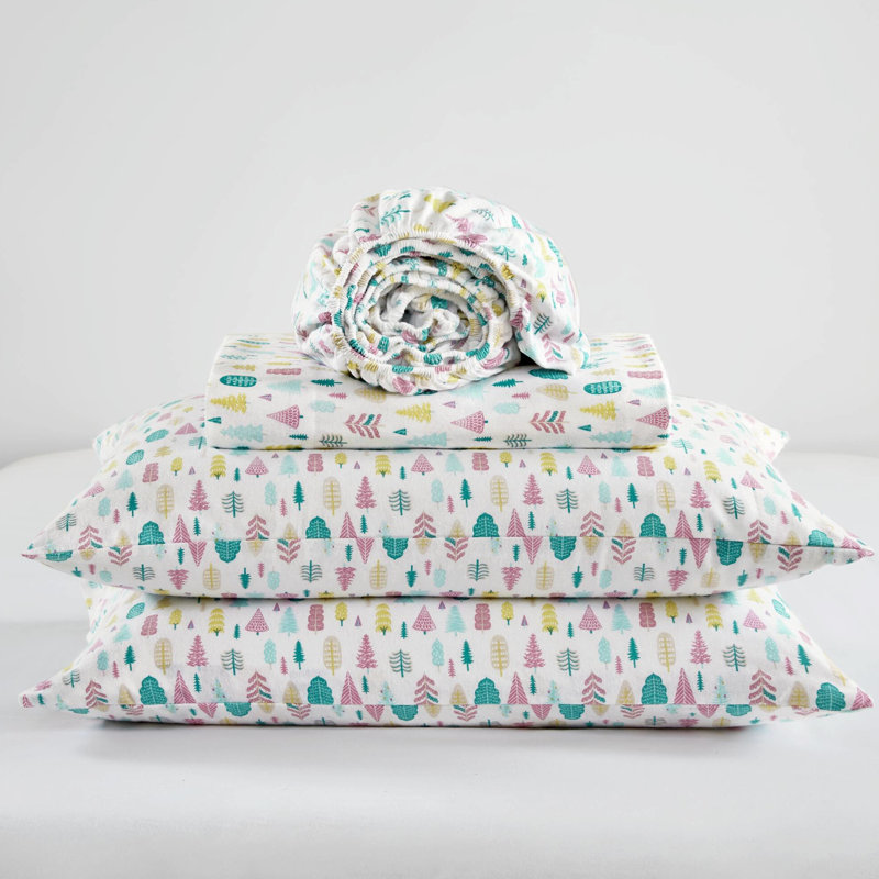 Drap simple en flanelle de coton TG avec arbres des Fêtes blancs, adapté pour un matelas de 12 po, comprend une housse plate et une taie d'oreiller à 100%