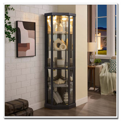 Vitrine de coin avec lumière et tablettes réglables en verre