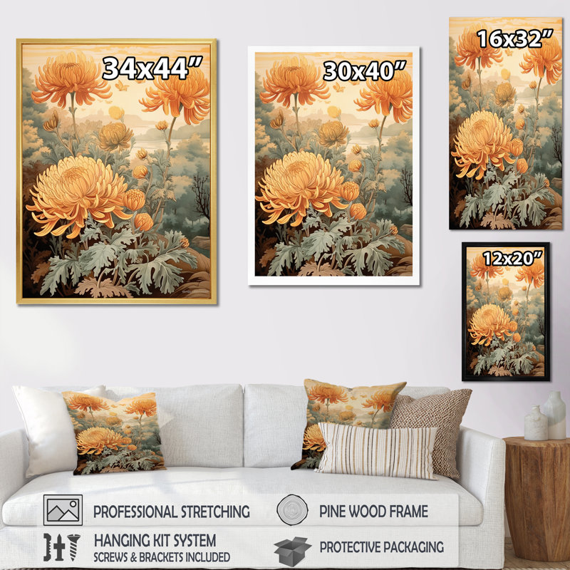 «Blooming White Orange Chrysanthemum Retro Art I», reproduction, H 32 po x l 24 po x P 1 po, Cadre flottant noir