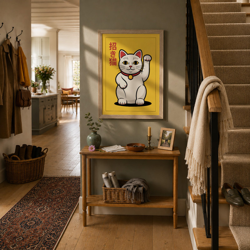 Lucky Beckoning Cat Japandi - Framed Print, Oak, A4 - 29.7 x 21.0 cm