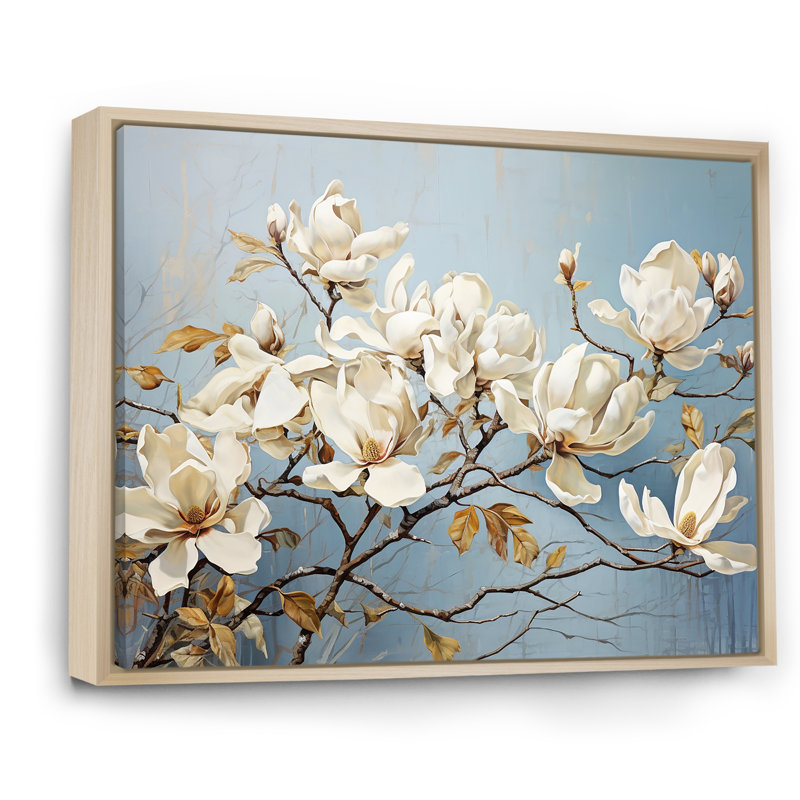 «Elegant White and Blue Magnolias Bloom», art mural sur toile Magnolias, Cadre photo blanc, H 16 po x l 32 po