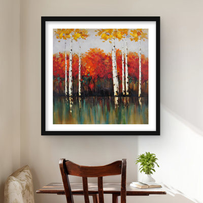 Birches by Fall - Contemporary Green, reproduction encadrée avec passe-partout