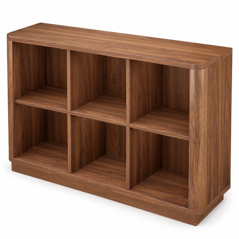 Bibliothèque de rangement à 6 cubes, tablette basse en MDF de style ferme avec bords arrondis, noyer