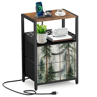Table de chevet 2 tiroirs en tissu avec station de charge Misty Forest