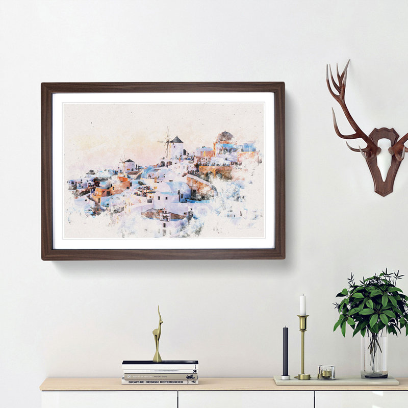 Oia Santorini Skyline in Greece - Picture Frame Graphic Art Print, 24cm H x 33cm W x 2cm D, Walnut Framed