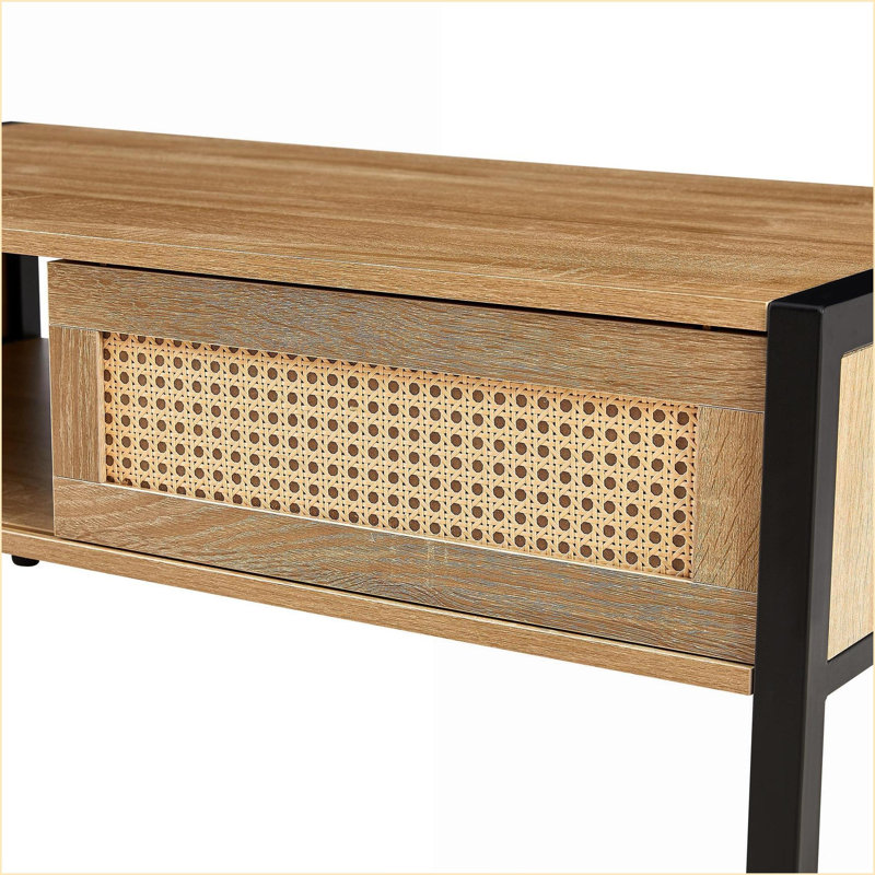 Table basse en rotin naturel avec porte coulissante et amp; Pieds en métal pour le salon, robustes Peu encombrant