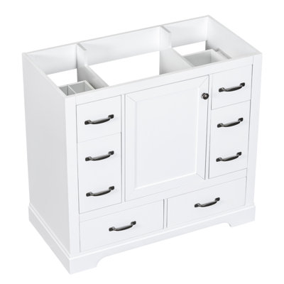 Base de meuble-lavabo 36 po seulement - blanc, 6 tiroirs, tablette réglable, bois massif et style moderne sans évier
