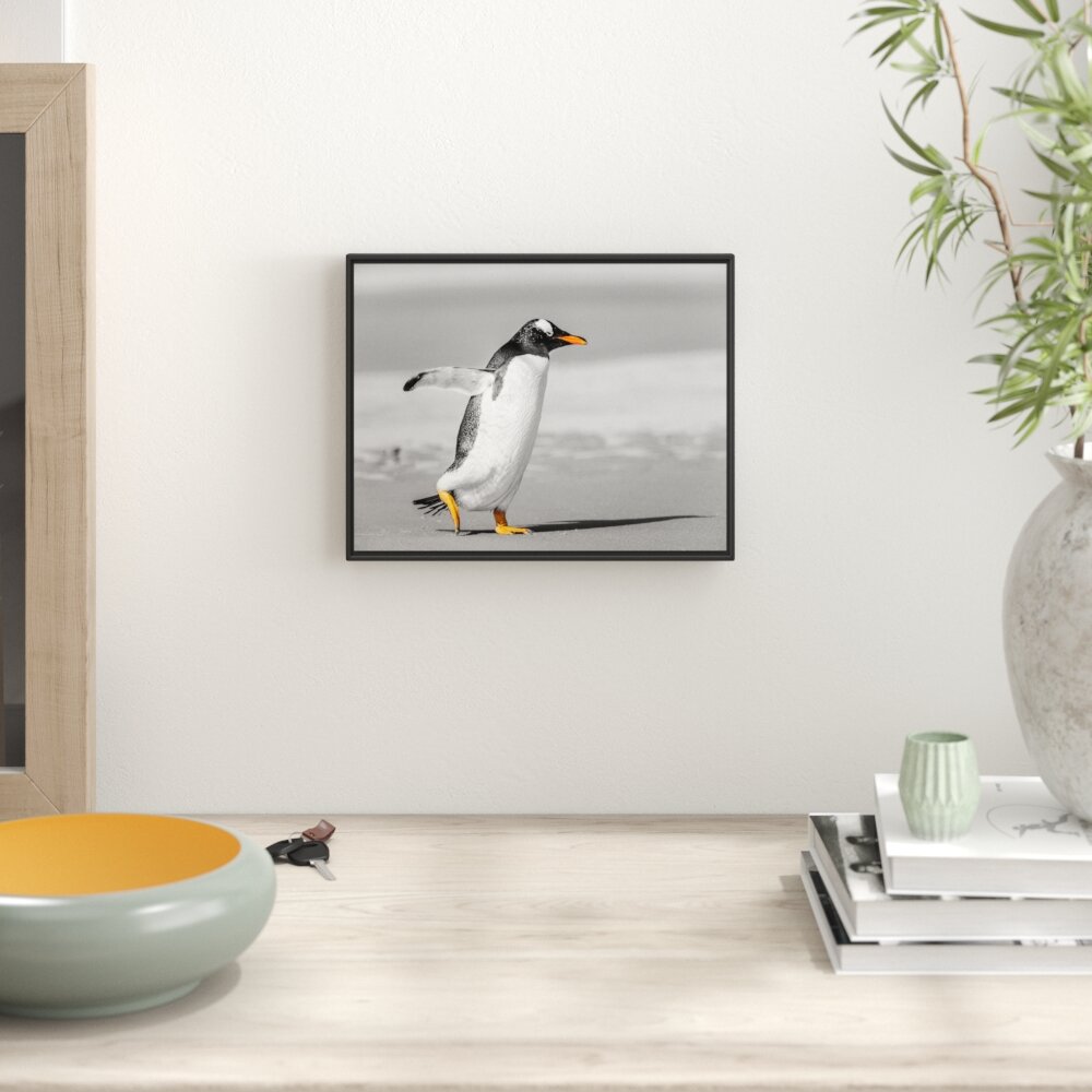 Gerahmtes Wandbild watschelnder Pinguin am Strand