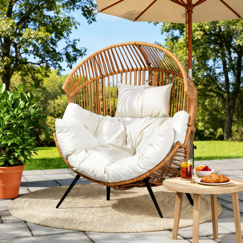 Oversized Rattan Egg-Shaped Chair With Comfortable Cushions. Suitable For Indoor Use In Living Rooms, Bedrooms, Balconies, Patios, And Outdoors. Light Brown.