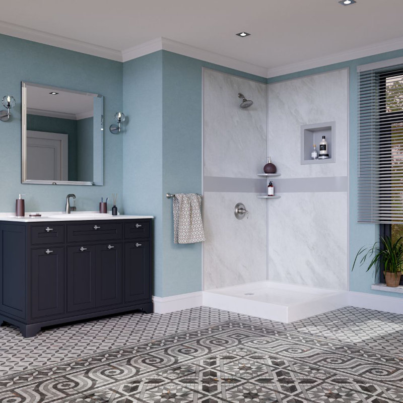 Bella CORE Arctic Mist 2 Wall Tub and Shower Surround with Gray Design Strip up to 48Dx48Wx96H
