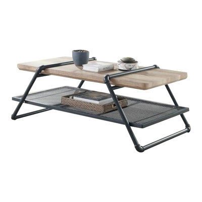 Jerrianne Coffee Table With Wooden Top And Mesh Shelf, Brown And Black