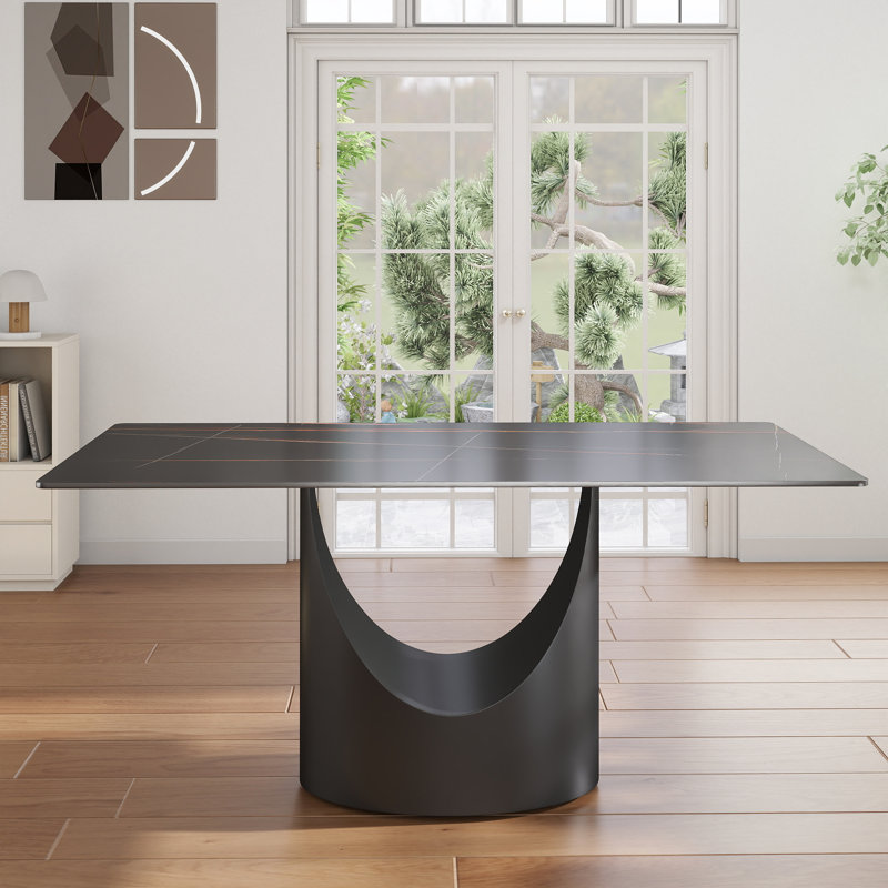 Table de salle à manger rectangulaire moderne en pierre frittée avec base piédestal, Lauren Blackgold, Noir
