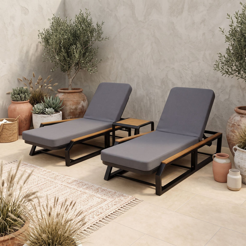 Ensemble de chaise longue d'extérieur réglable avec coussins et table d'appoint, Black Grey Teak