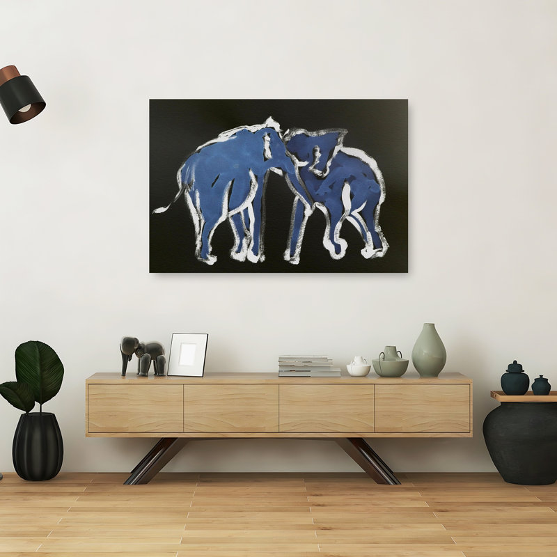 Blue Elephants Embrace Abstract Contemporary Modern Elephant Wildlife Wall Art Print 1 Piece Wrapped Canvas Wall Art