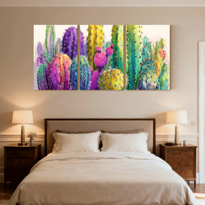 Plantes et fleurs, motif de cactus colorés, ensemble de 3 reproductions d'art sur toile