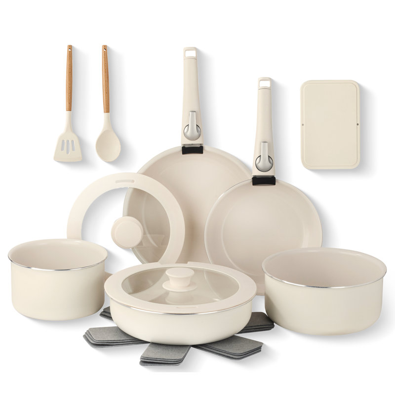 Gotham Steel 18 Piece Detachable Handle Ceramic Nonstick Cookware Set, Cream