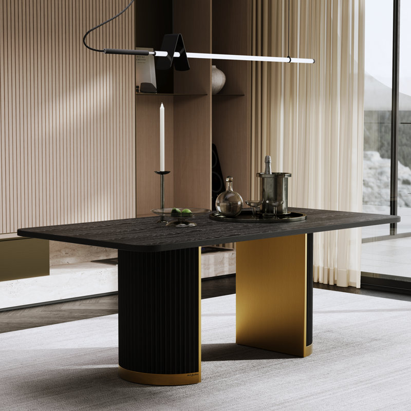 78 Inch Black Solid Oak Wood Dining Table With Double Fluted Design And Brushed Gold Base, 30'' H x 78'' L x 40'' W, Black