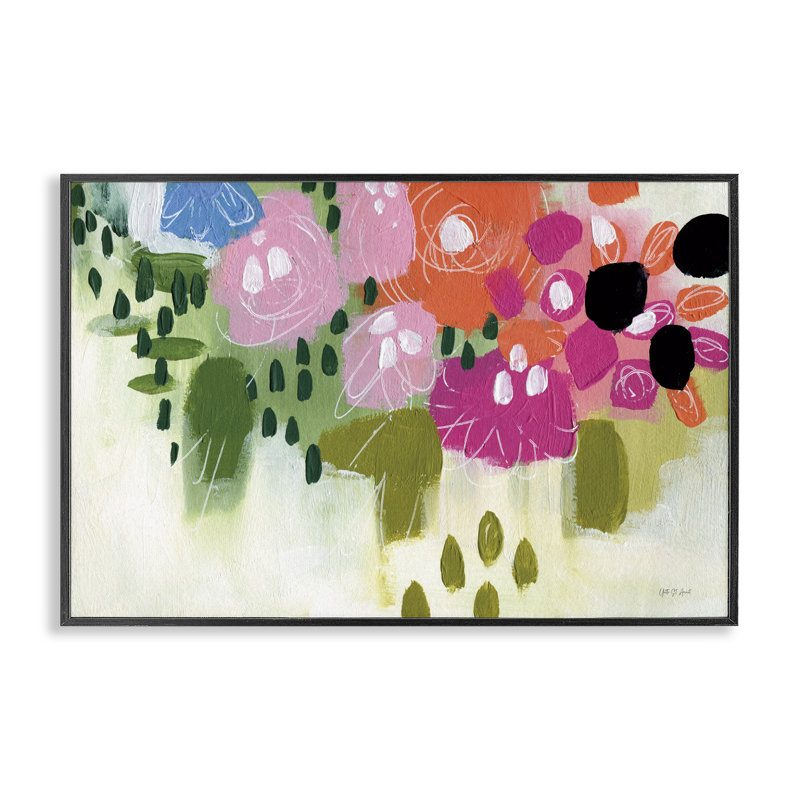 Abstrait floral brossé yvette St. Amant bg-017, Giclée encadrée noir minuit, H 16 po x l 24 po