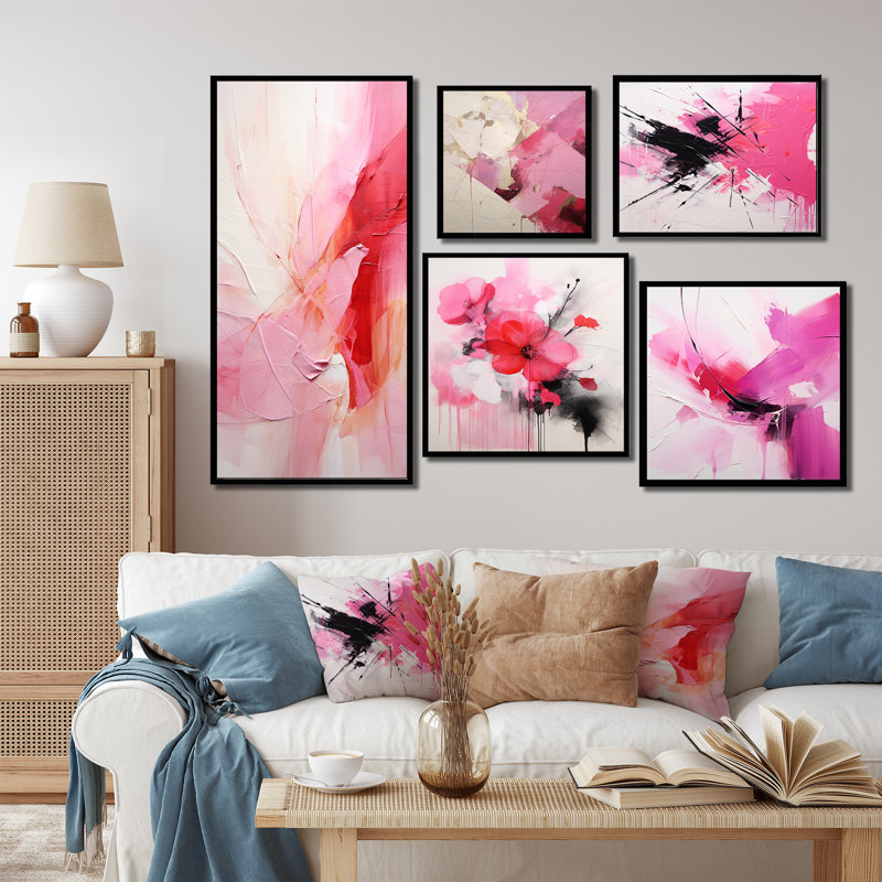 «Gold and Pink Minimal Abstract River I», ensemble d'art mural sur toile abstraite de 5, Cadre flottant noir