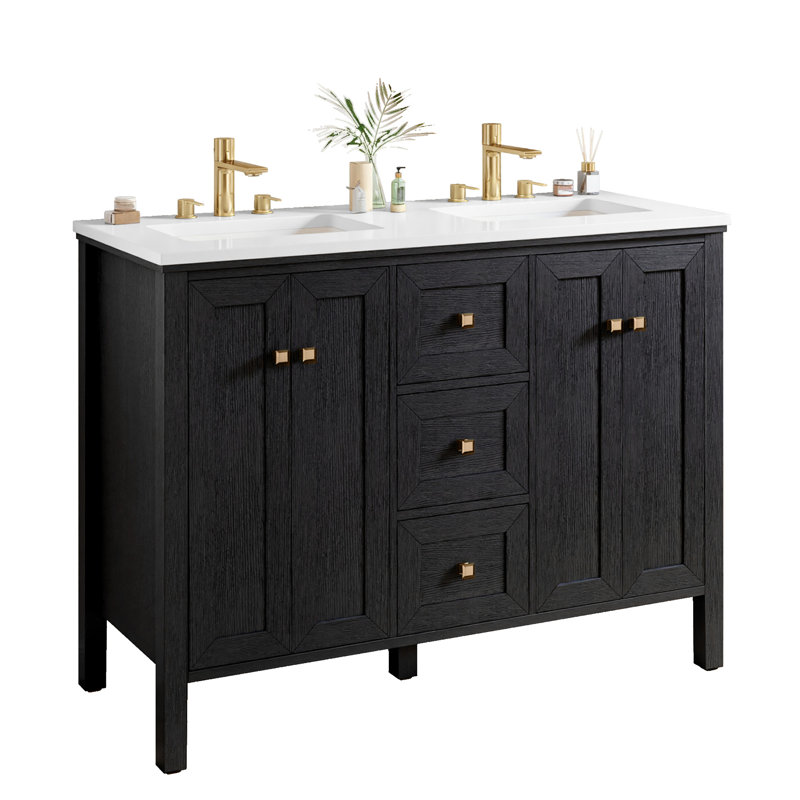 Meuble-lavabo double 47 po avec plateau en pierre reconstituée Balconera, lavabo en céramique, Noir