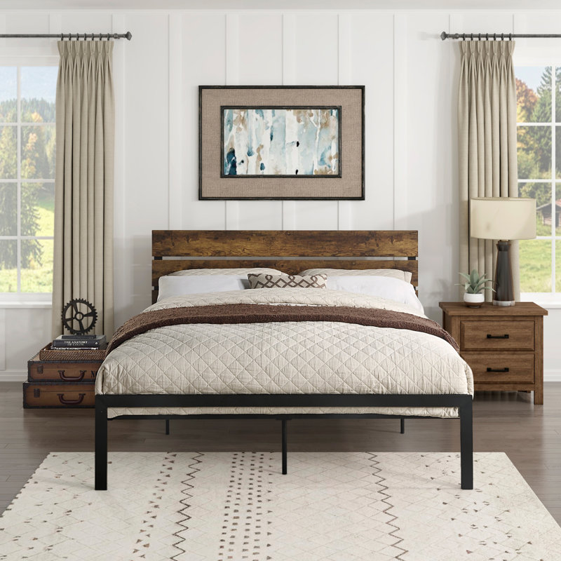 Paloma Metal Platform Bed Frame with Wooden Headboard, No Box Spring Needed, Queen, Brown