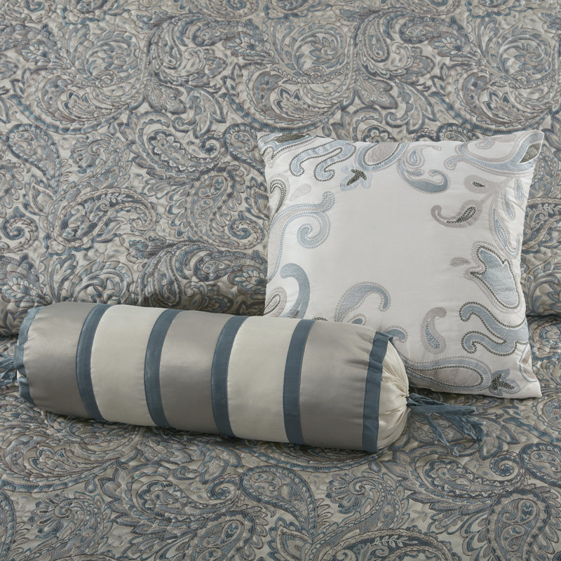 Ensemble de literie luxueux en jacquard 5 pièces, coton sarcelle, motif cachemire pour très grand lit
