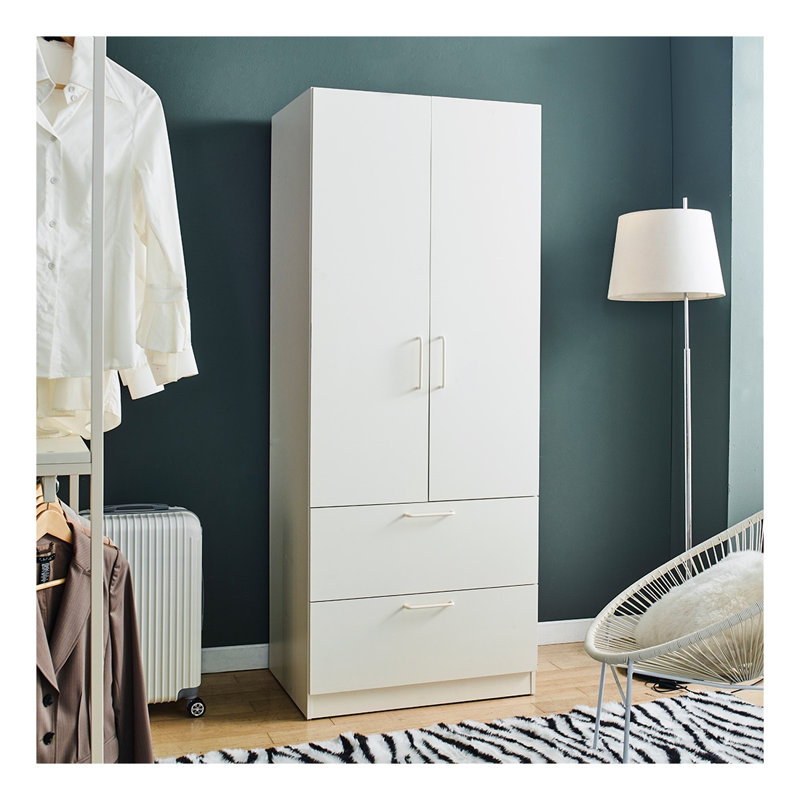Armoire en bois à deux portes avec deux tiroirs et barres de suspension blanches Emma