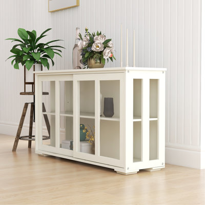 White Kitchen Storage Cupboard With Glass Door. Build For Performance. 2 Sliding Doors And Adjustable Shelf Efficient Organization. Coated. Non-Slip Bottom To Floor From Damage Cabinet - Crafted