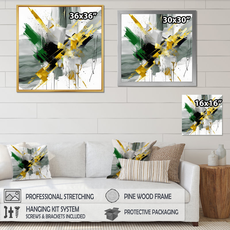 Perspectives abstraites jaunes et vertes II, Toile tendue, H 16 po x l 16 po x P 1 po