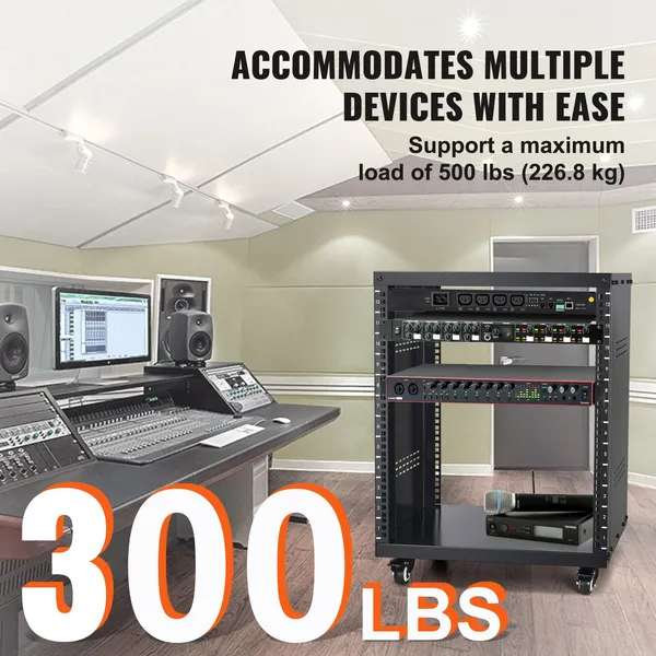 Support 12U AV, capacité de 300 lb, support de studio d'enregistrement stéréo avec roulettes verrouillables, trous ronds et carrés, évents spéciaux pour le montage de matériel audio-vidéo et audio-vidéo de 19 po