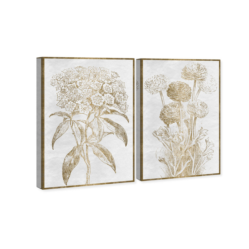 Sketch Border Floral Set Traditional Gold/Gray - 2 Piece Wrapped Canvas Painting Set, 24" H x 36" W