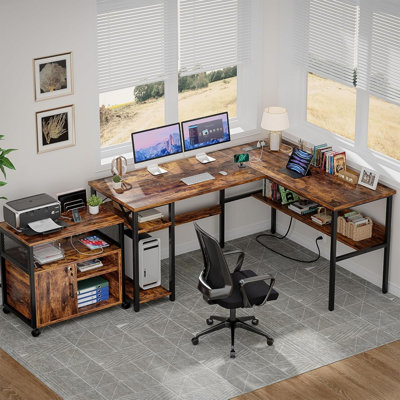 L Shaped Computer Desk With Magic Power Outlets And USB Charging Port, Sturdy Reversible Corner Desk With Storage Shelves, Modern Work Desk For Home Office, Easy To Assemble