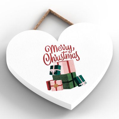 Xmas Merry Christmas Wooden Heart Plaque