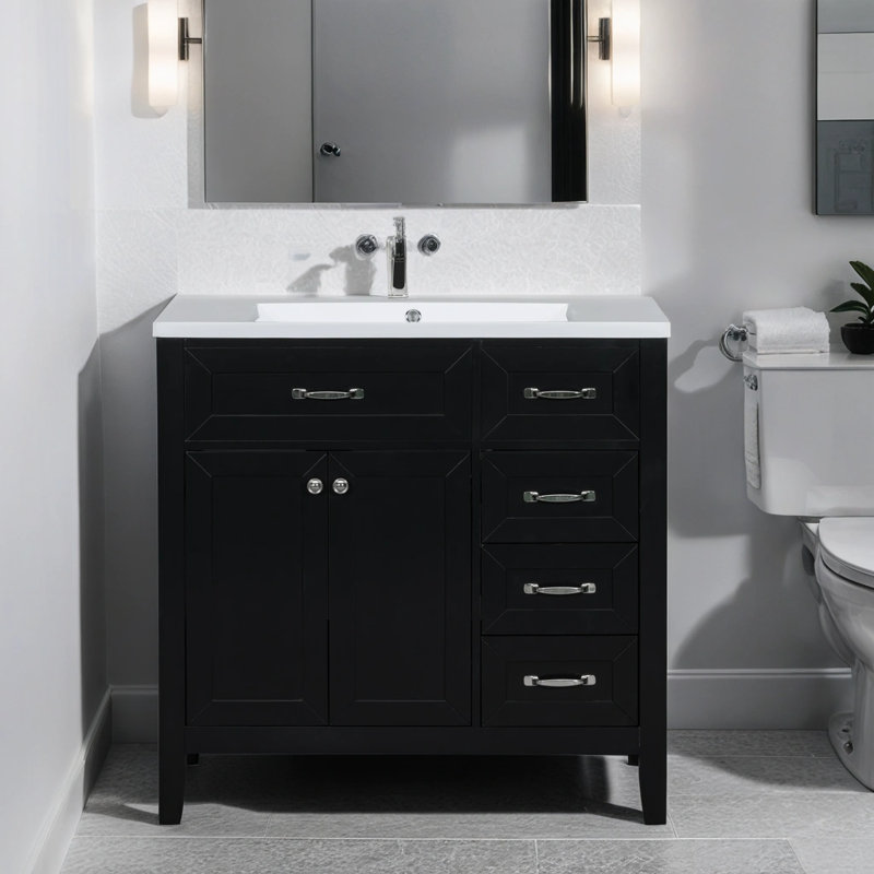Raynier 35.98'' Single Bathroom Vanity with Ceramic Top, Black, Silver