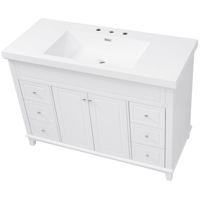 Meuble-lavabo 48 po avec lavabo en résine, 6 tiroirs à fermeture en douceur et portes doubles avec tablettes à 2 niveaux, pieds en pin massif
