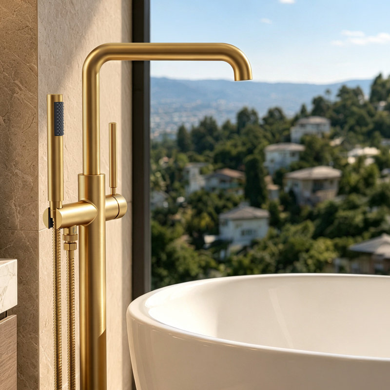 Single Handle Freestanding Tub Filler with Diverter, Brushed Gold