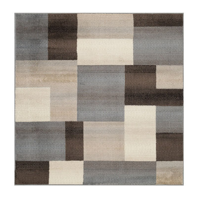 Dushon Grey-Brown Patchwork Power Loom Stain Resistant Area Rug
