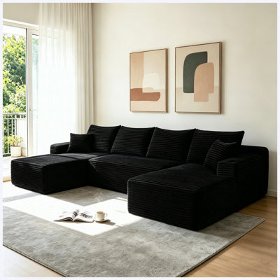 126" Black Plush U-Shaped Cloud Sectional Sofa with Side Pockets & Cup Holders | No Assembly Required | Modern Modular Deep Seating Couch