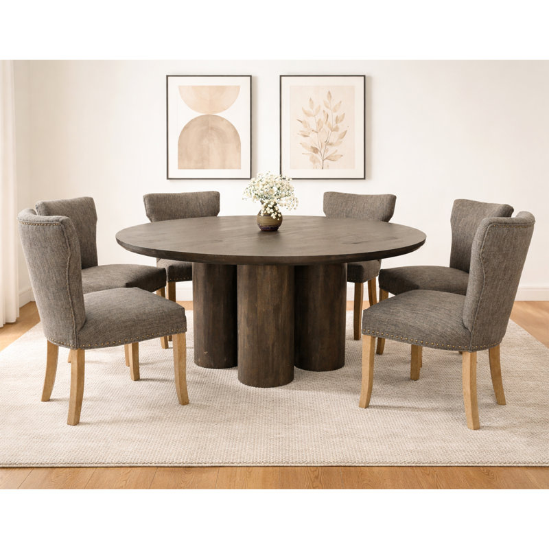 Sullivan 63" Round Dining Table Set With 6 Dark Grey Chairs, Gray/Brown