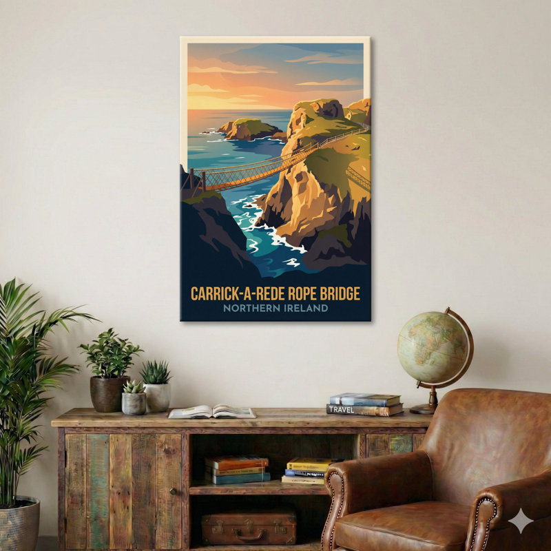 Carrick-a-Rede Rope Bridge, Northern Ireland - Coastal Romance Travel Poster. Giclee Print on Wrapped Canvas. Wall Art, Home Decor - Coastal & Maritime, Northern Ireland 1 Piece Wrapped Canvas Wall Art