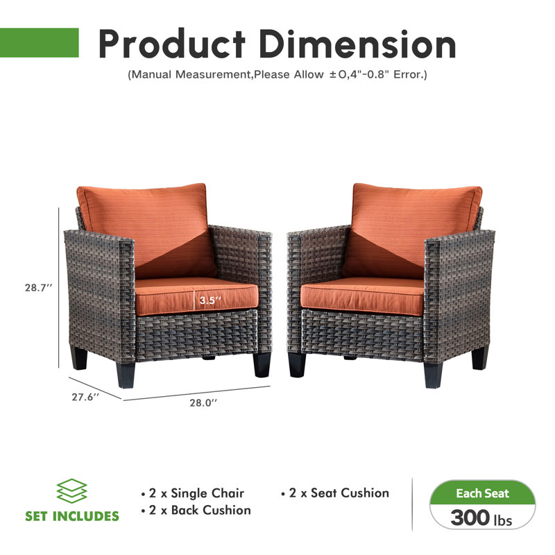 Chaises d'extérieur en osier 2 places Allcot pour 2 personnes avec coussins confortables, Orange-rouge