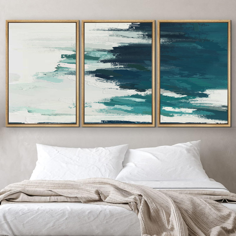 Grunge Abstract Paint Stroke Effect " Teal White Paint Stroke Collage " 3 - Pieces, 36" H x 72" W, Natural