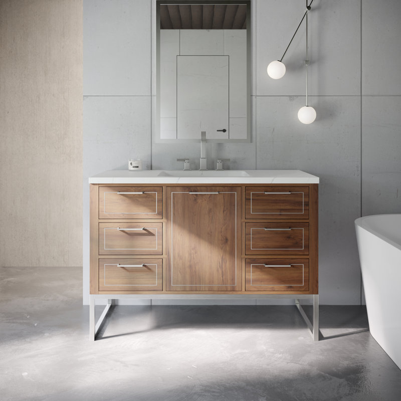 Markham 48 in. Single Vanity, Universal Calacatta Quartz, Walnut, Brushed Nickel