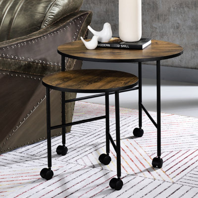 Tables gigognes 2 pièces Vintage avec roulettes, plateau rond en bois de placage de papier sur structure en fer à trois compartiments en métal, table et pieds de 30 x 27 x 3 pouces, profondeur du produit: 23 po