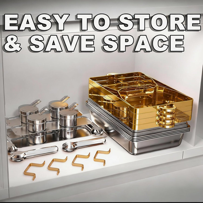 Plats à frire pour buffet, ensemble de 4 réchauds à buffet en acier inoxydable de 9 pte, ensemble de réchaud élégant en or et en argent pour les mariages, la restauration et les événements