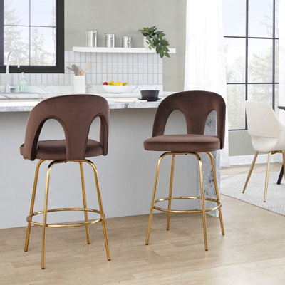 Tabouret de comptoir à hauteur fixe avec pivot en métal doré et velours espresso avec repose-pieds rond en métal doré - ensemble de 2