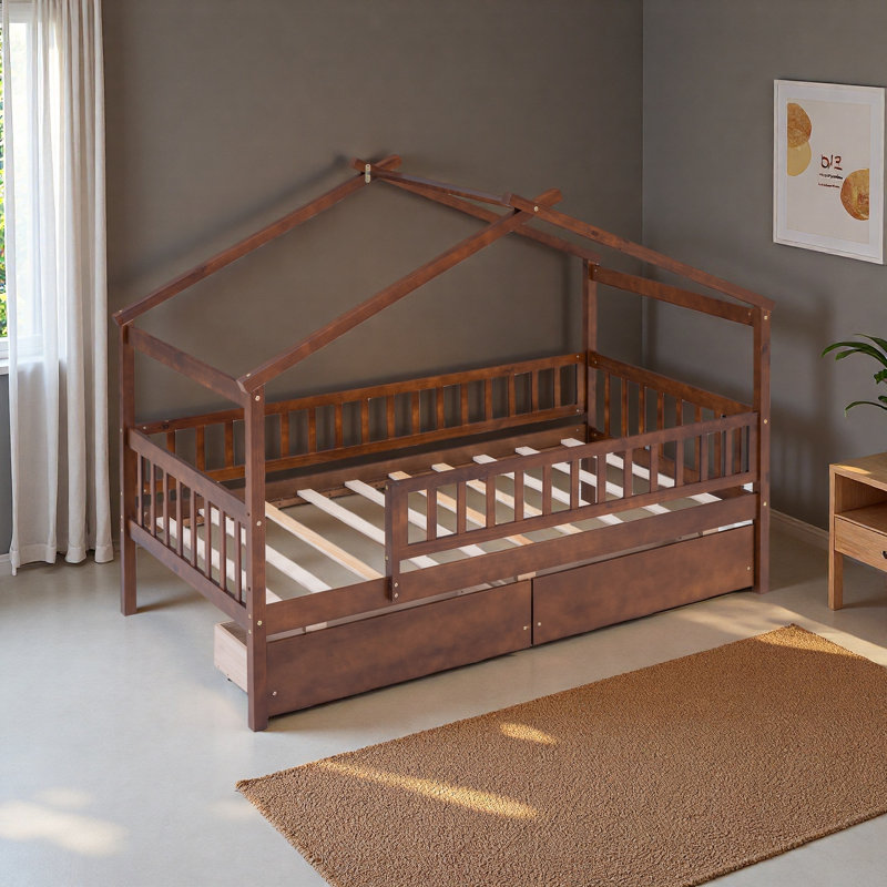Lit simple en bois avec deux tiroirs, Noyer